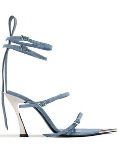 Shop Mugler Fang 95mm strappy denim sandals Summer Evening Denim Heels, Denim Heels With Ankle Strap, Denim Sandals, Latest Sandal, T Strap Flats, Leather Denim, Buckle Shoes, Blue Sandals, Boot Bag