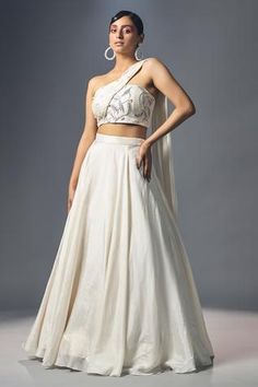 Shop for Isha Gupta Tayal White Silk Lehenga And Draped Blouse Set for Women Online at Aza Fashions White Silk Lehenga, Drape Dupatta, Isha Gupta, Cape Lehenga, Purple Tulle, White Lehenga, Anarkali Lehenga, Organza Lehenga, Topsy Turvy