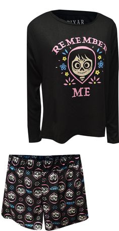 This is Disney-Pixar at its best! These shortie pajama sets for women are perfect for fans of the movie Coco. The black background has Coco with the phrase 'Remember me'. The top is a soft fabric with lovely drape and the shorts are silky fleece. Made from 95% Polyester and 5% spandex for comfort. We could wear these all day! Casual Black Sleepwear With Cartoon Print, Cute Black Long Sleeve Sleepwear, Black Cartoon Print Sleepwear For Sleepover, Black Graphic Print Sleepwear For Loungewear, Black Long Sleeve Graphic Print Sleepwear, Black Long Sleeve Graphic Sleepwear, Black Cartoon Print Sleepwear For Pajama Party, Black Cartoon Print Sleepwear, Black Graphic Print Sleepwear For Bedtime