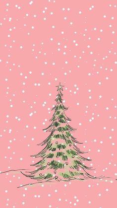 a drawing of a christmas tree on a pink background with snow falling all over it