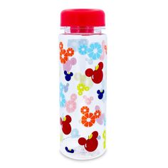 a plastic water bottle with mickey mouse designs on it