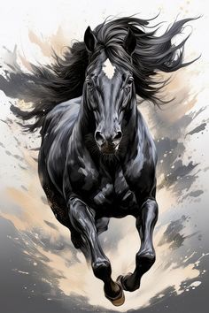 a black horse is galloping through the air with it's front legs spread out