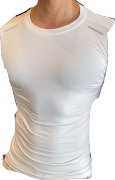 Fitted Sleeveless Sports T-shirt, Stretch Crew Neck Tank Top For Light Sports, Flexible Crew Neck Tank Top For Light Sports, White Stretch Crew Neck Rash Guard, White Stretch Rash Guard With Crew Neck, Technical Stretch White T-shirt, White Stretch Technical T-shirt, White Compression Go-dry Tops, White Compression Tops With Go-dry