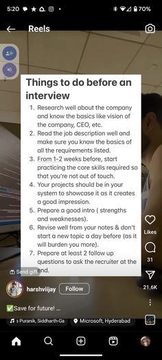 an iphone screen with the text things to do before an interview