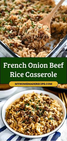 french onion beef rice casserole in a white dish with a wooden spoon on the side