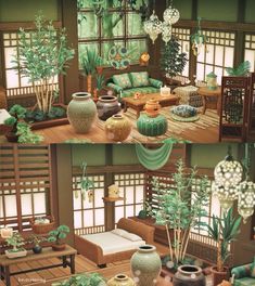 two pictures of the inside of a house with plants in pots and other things on the floor