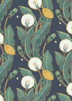 a blue and yellow floral wallpaper with green leaves