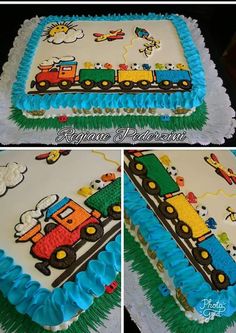 two pictures of a birthday cake decorated like a train