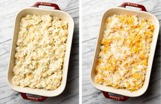 two images showing how to make macaroni and cheese in a casserole dish