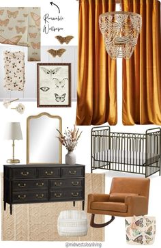 a baby's room with gold curtains and furniture