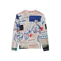 This is a premium medium weight long sleeve shirt. The all-over print featured is Basquiat's artwork Hollywood Africans. 100% medium weight cotton jersey Unisex, Adult size XS-XL, Slightly oversized fit Ribbed neck and sleeve hem Relaxed crewneck Made in Portugal Machine wash cold, inside-out and tumble dry low to preserve color About the artwork: Jean-Michel Basquiat created this work during a trip to Los Angeles on the occasion of his solo exhibition. Hollywood Africans includes a self-portrai Blue Graffiti Print Tops For Streetwear, Fall Long Sleeve T-shirt With Sublimation Print, Long Sleeve Graffiti Sweatshirt For Streetwear, Graffiti Print Long Sleeve Sweatshirt For Streetwear, Long Sleeve Graffiti Print Sweatshirt For Streetwear, Urban Long Sleeve Sweatshirt With Graffiti Print, Oversized Long Sleeve Graffiti Sweatshirt, Long Sleeve Printed T-shirt For Fall, Printed Long Sleeve T-shirt For Fall