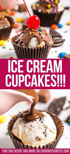 ice cream cupcakes with chocolate frosting and sprinkles on top