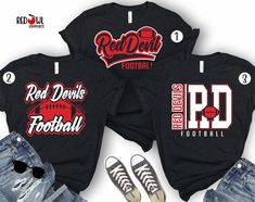 Personalized Red  Devil School Spirit T-Shirt Crewneck, Hoodie Hooded Sweatshirt Football, Baseball, Basketball, Softball, Track, Volleyball, Cross Country, Cheer, Wrestling Not all colors are available in all sizes and styles.  Please check the color and size charts in photos. We do our best to accurately represent shirt colors by using actual photos but do understand that all monitors will display differently. Please contact us prior to purchase with any questions on sizing or colors. Your purchase includes a custom imprint created specifically for your team! A product proof will be emailed to you within 1 business day.  Please keep an eye on your Etsy messages and reply with any changes within 24 hours. Your order will be sent to production after that time if no response is received. Ex Red College Hoodie With School Spirit Style, Red Hoodie With Letter Print For Fan Gear, Red Hoodie With Letter Print For Fans, Red Letter Print Hoodie For Fan Merchandise, Red Letter Print Hoodie For Fans, Red Pre-shrunk Sweatshirt With School Spirit, Red Pre-shrunk Sweatshirt For School Spirit, Red Long Sleeve T-shirt For School Spirit, Football Tshirt Designs