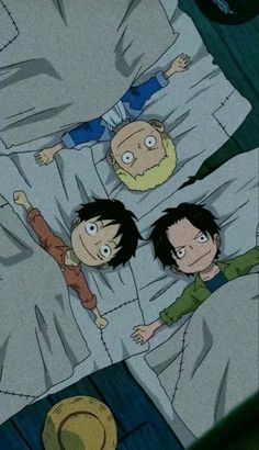 three cartoon characters laying in bed with the covers pulled down and their faces drawn up