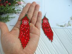 Red christmas earrings, Holiday beaded earrings dangle, Christmas jewelry for women , Snowflake earrings, Christmas gifts for wife Christmas , New Year - Everyone wants to create a holiday atmosphere these days. I offer these earrings, they will help convey your holiday mood. - They will be great for festive attire. - Also good for gift. - Fully handmade - Made of high quality Japanese beads. - You can add a SILVER hook in case you want or you have allergies . - Supplied in branded gift wrap. Gi Christmas Gift Beaded Drop Earrings, Christmas Jewelry Gift With Dangling Beads, Christmas Gift Jewelry With Dangling Beads, Elegant Beaded Earrings As Christmas Gift, Elegant Beaded Earrings For Christmas Gift, Handmade Red Jewelry For New Year, Red Jewelry For Winter Gifts, Winter Gift Red Jewelry, Winter Season Red Jewelry Gift