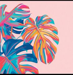 an abstract painting of colorful tropical leaves on a pink background