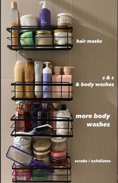 two shelves with hair products and other items on them that are labeled in different languages