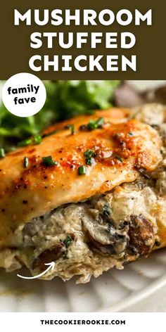 the recipe for mushroom stuffed chicken on a white plate