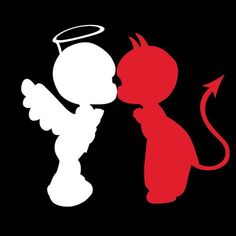 an angel and devil silhouettes are shown in red and white on a black background