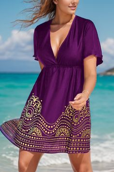 Purple Elastic Waistband V-Neck Cover Up Dress Purple V-neck Dress For Beach Season, Summer V-neck Mini Dress For Festival, Purple V-neck Beachwear Dress, Purple V-neck Beach Dress, Shapewear Tops, Neck Cover, High Neck Tank, Tankini Set, Dress With Cardigan