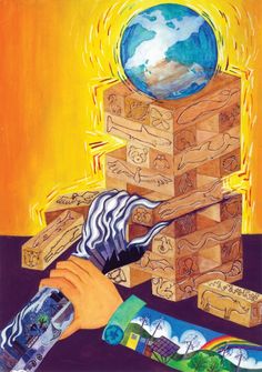 a drawing of a hand reaching for a piece of wood with a globe on top