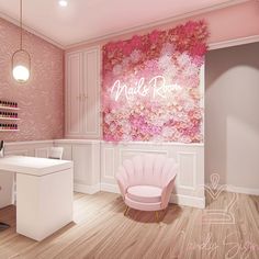 a pink room with a chair, desk and wallpaper on the walls that says nail salon