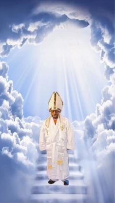 a man standing in the clouds with his hands on his hips and wearing a priest's outfit