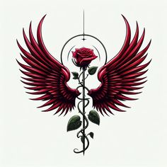 a drawing of a rose with wings and a rod attached to the back of it