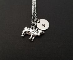 Personalized Antique Silver Cow Necklace!  A three dimensional jersey cow charm on a bright silver chain makes the perfect gift for you or a loved one.The detailed cow charm is made from zinc alloy and measures 13 mm by 19 mm.  The chain is silver plated and measures 16" or 18" with a 1" extender.  You can also personalize your necklace with a .5" silver plated disc stamped with the initial of your choice.  To order your necklace WITHOUT a custom stamped initial disc, choose "Charm & No Init Chef Necklace, Cow Necklace, Jersey Cow, Country Jewelry, Cartilage Earrings Stud, Christian Necklace, Cartilage Stud, Yellow Gold Setting, Birthstone Charms