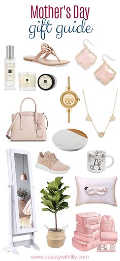 the mother's day gift guide with pink and white accessories, including purses, shoes