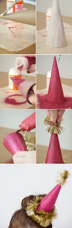 the process to make a pink and gold party hat with tinsels on it