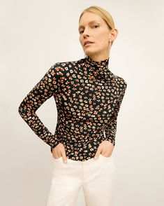 Axam Turtleneck - Printed Jersey :: Kaleidoscope Print – M.M.LaFleur Slim Fit Graphic Print Tops For Spring, Winter Stretch Printed Top, Trendy Soft Stretch Tops For Spring, Fitted Printed Tops For Fall, Trendy Fitted Turtleneck For Spring, Printed Stretch Elastane Tops, Floral Print Stretch Tops For Work, High Neck Elastane Tops For Fall, Casual Turtleneck Top In Elastane