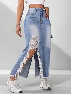 Women's Fashionable Denim Skirt With Distressed Details And Frayed Hem Light Wash    Denim Plain,All Over Print Slit Non-Stretch  Women Clothing, size features are:Bust: ,Length: ,Sleeve Length: Distressed Denim Skirt, Denim Skirt Women, Denim Diy, Denim Skirts, Jeans Rock, Light Wash Denim, Error Page, Kids Beachwear, Distressed Denim