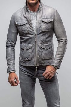 Dino Leather Jacket in Grey - AXEL'S Dino Jacket, Four Patch, Grey Leather Jacket, Biker Leather Jacket, Travel Jacket, Mac Jeans, Leather Outerwear, Knit Outerwear, Business Style