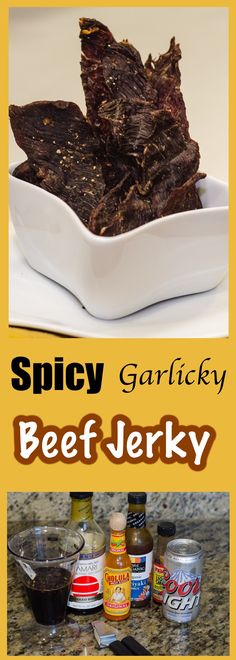 an advertisement for spicy garlicky beef jerk on a counter with sauces and seasonings