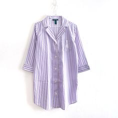 Lauren Ralph Lauren | Small Notch Collar Cotton Sleep Shirt Lavender Purple & White In Victorian Style Print A Classic That Never Goes Out Of Style, This Lightweight Cotton Sleep Shirt Keeps You Cool And Comfy. Notched Collarbone Three-Quarter-Length Sleeves Button Front Closure Pocket At Left Chest With Embroidered Logo; Allover Piping. New With Tag Approx Measurements Flat Lay: Chest Underarm To Underarm 19” Body Length 35” Sleeve Length 18” Casual Lavender Cotton Sleepwear, Purple Cotton Shirt For Daywear, Purple Cotton Bedtime Top, Casual Purple Top For Bedtime, Lavender Cotton Sleepwear For Spring, Lavender Cotton Sleepwear For Summer, Cotton Button-up Top For Bedtime, Lavender Long Sleeve Tops For Daywear, Purple Sleep Tops For Spring