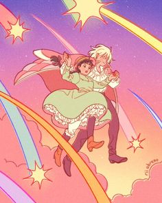 an anime scene with two people flying through the air and stars in the sky behind them