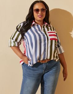 Striped Poplin Collared Shirt, Multi Work From Home Fashion, Fashion For Plus Size Women, Fashion For Plus Size, Striped Collared Shirt, Plus Size Shirt, Ashley Stewart, Line Store, Collared Shirt, Poplin Shirt