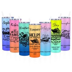 six different colored tumblers with the names of various cruise ships and destinations on them