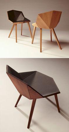 two wooden chairs sitting next to each other on top of a white surface with black leather