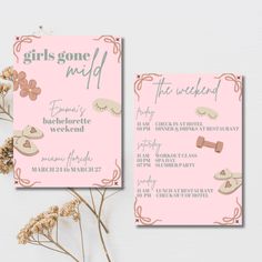 two pink wedding cards with flowers on them