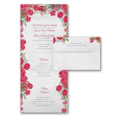 a wedding card with red flowers on the front and back, is shown in white paper