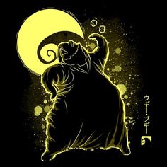 a black and yellow drawing of a cat sitting in front of the moon with its paw up