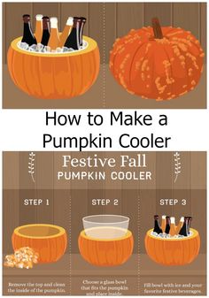 the instructions for how to make a pumpkin cooler with beer bottles and carafes