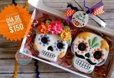 two decorated sugar skulls in a box