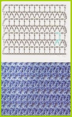 crochet stitches are shown in two different colors, one blue and the other white