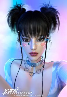 an animated woman with black hair and piercings on her face, wearing blue clothing