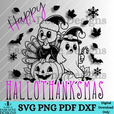 happy thanksgiving svg file with turkey and bear on pumpkins, leaves and snowflakes