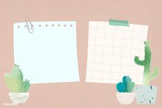 two cactus plants and a notepad on a pink background