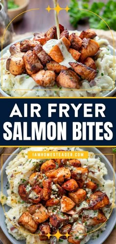 air fryer salmon bites on top of mashed potatoes